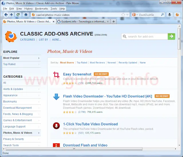 Pale Moon con il catalogo classiche estensioni Firefox Classic Add-Ons Archive