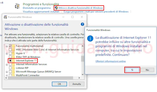 Pannello di controllo Windows disinstallare Internet Explorer