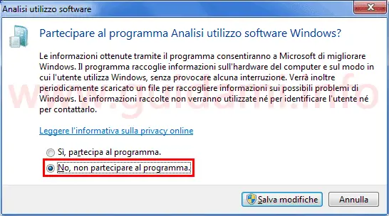 Pannello di controllo disattivare programma analisi utilizzo software Windows