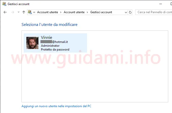 Pannello di controllo gestione account utente Windows 10