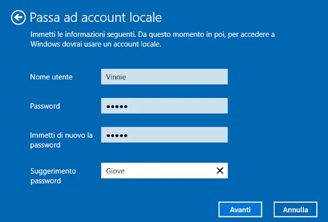 Passa ad account locale Windows 10 dati account locale