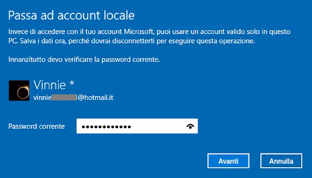 Passa ad account locale Windows 10 verifica password account Microsoft