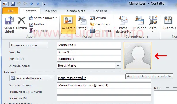Personalizzazione info contatto Outlook 2010
