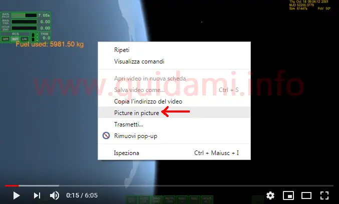 Player video YouTube menu contestuale opzione Picture in picture