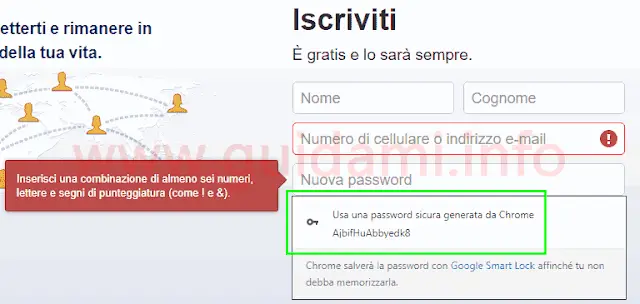 Popup password sicura generata da Chrome su form registrazione sito internet