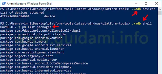 PowerShell Windows con impartiti comandi adb