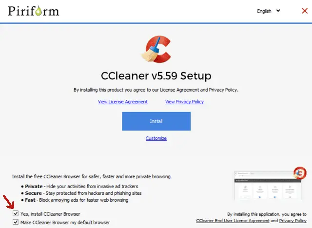 CCleaner finestra installazione con selezionata l'opzione per installare anche CCleaner Browser