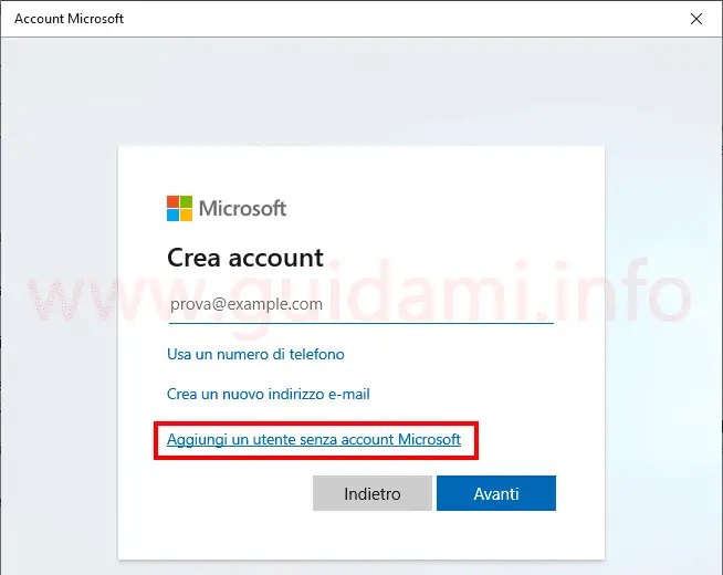Procedura guidata creazione account Microsoft Crea account