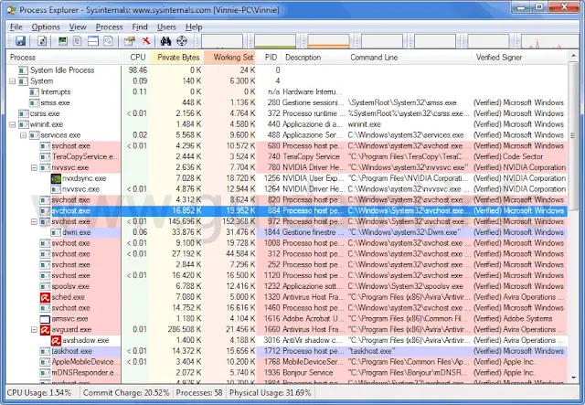 Process Explorer finestra principale