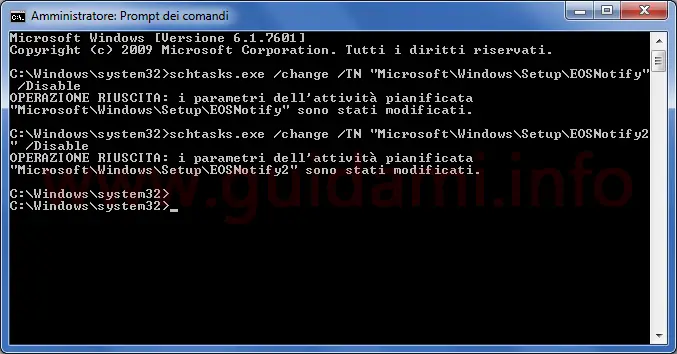Prompt dei comandi Windows 7 disattivare notifica fine supporto Windows 7
