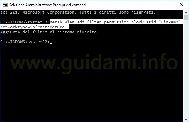 Prompt dei comandi Windows comando per nascondere rete WiFi da lista disponibili
