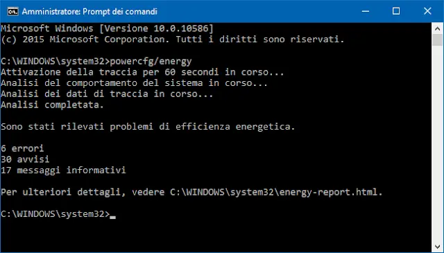 Prompt dei comandi Windows comando per report energetica