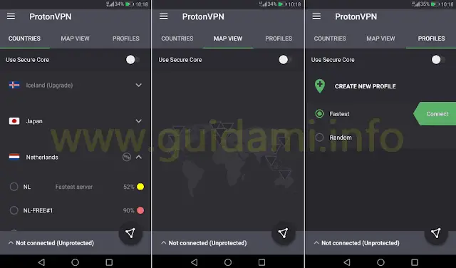 ProtonVPN Android interfaccia grafica completa