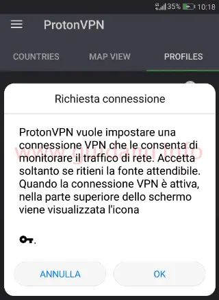 ProtonVPN Android notifica richiesta autorizzazione monitoraggio traffico rete