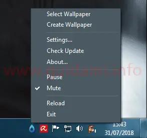 RainWallpaper menu contestuale icona area di notifica Windows