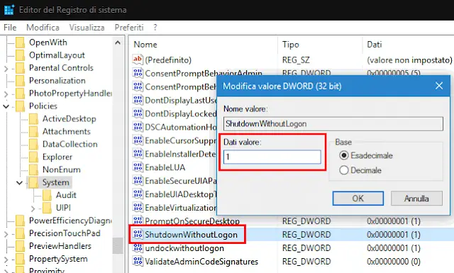 Registro sistema mostrare nascondere pulsante spegnimento schermata accesso Windows
