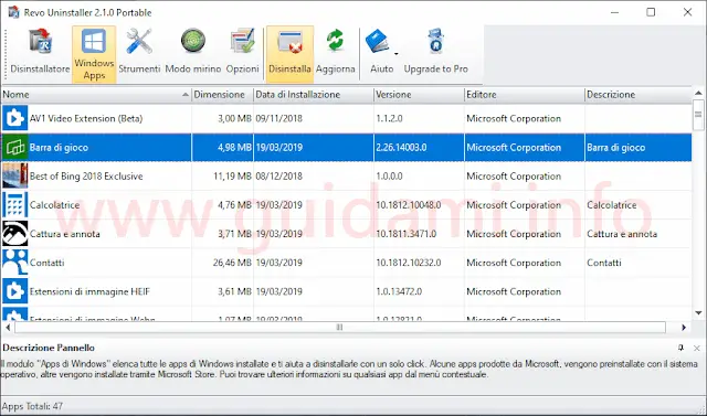 Revo Uninstaller Free con sezione Windows Apps