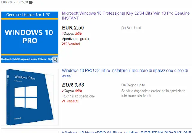 Pagina dei risultati di ricerca eBay con licenze OEM Windows 10