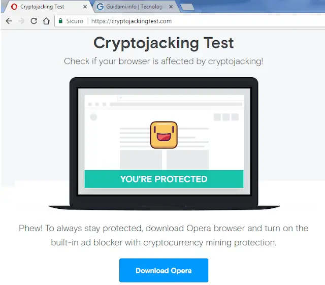 Risultato Test Cryptojacking sito web di Opera