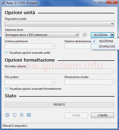 Rufus pulsante opzione Download per scaricare la ISO di Windows 10 o 8.1