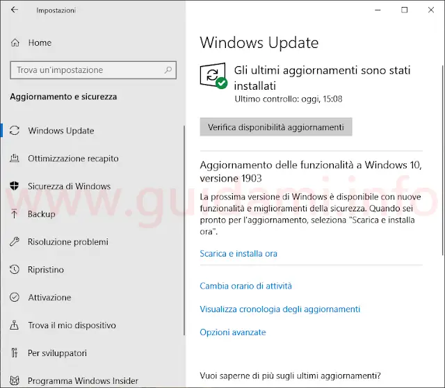 Schermata Windows Update Windows 10