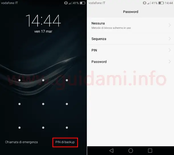 Schermata blocco schermo Android PIN di backup
