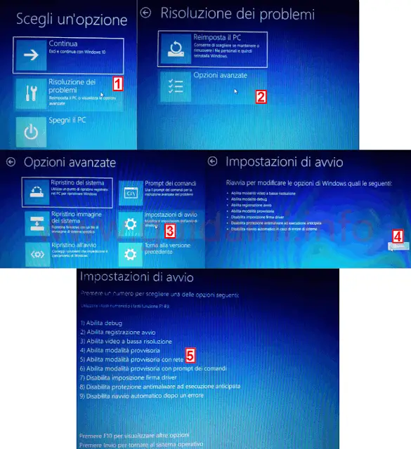 Schermata di avvio avanzato Windows 10 per avviare in modalità provvisoria