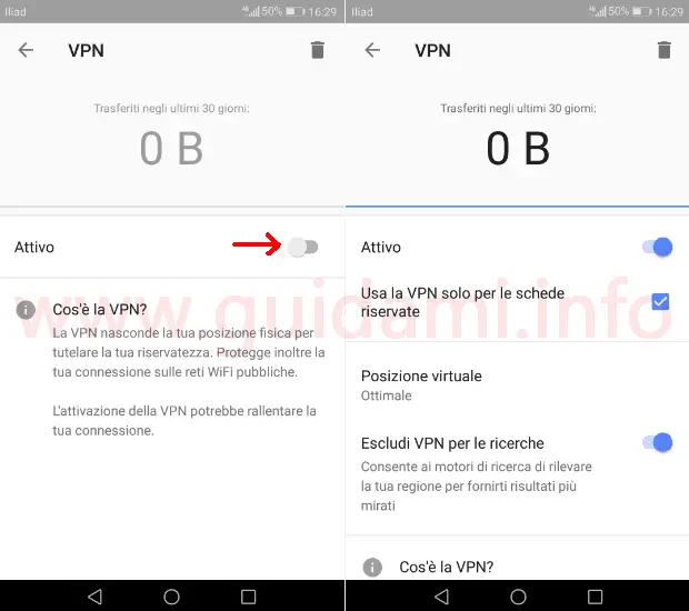 Schermata impostazioni VPN di Opera Beta per Android
