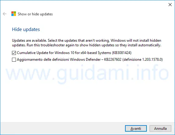 Show or hide update selezioinare aggiornamenti Windows 10 da bloccare