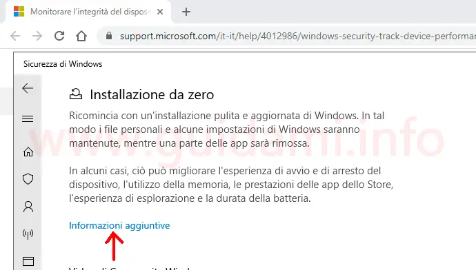 Sicurezza di Windows link informazioni aggiuntive installazione da zero