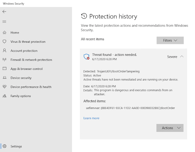 Sicurezza di Windows notifica rilevamento malware firmware