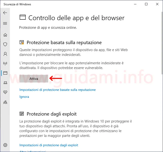 Sicurezza di Windows schermata Controllo delle app e del browser