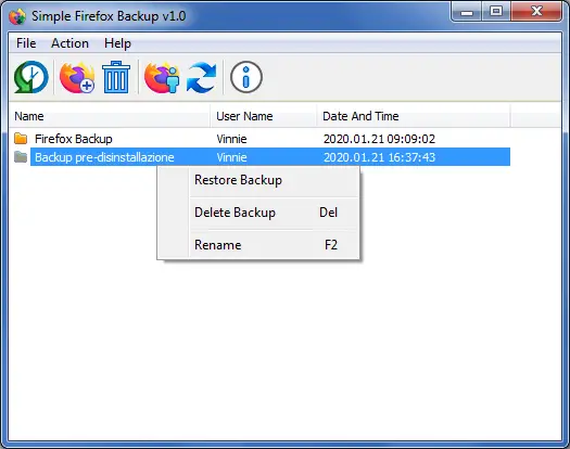 Simple Firefox Backup interfaccia grafica del programma e menu contestuale