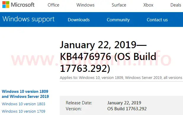 Sito Microsoft Support pagina aggiornamento cumulativo KB4476976
