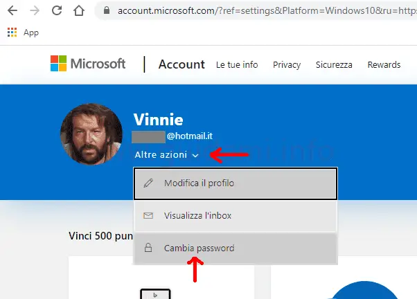 Sito Microsoft gestione account utente Windows 10