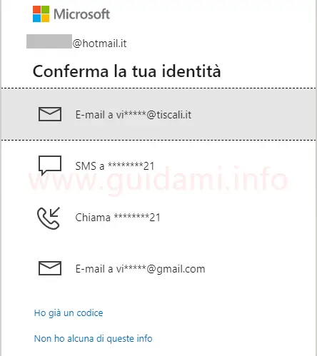 Sito Microsoft gestione account utente Windows 10 Conferma la tua identità