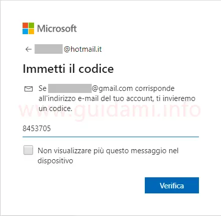 Sito Microsoft gestione account utente Windows 10 Immetti il codice