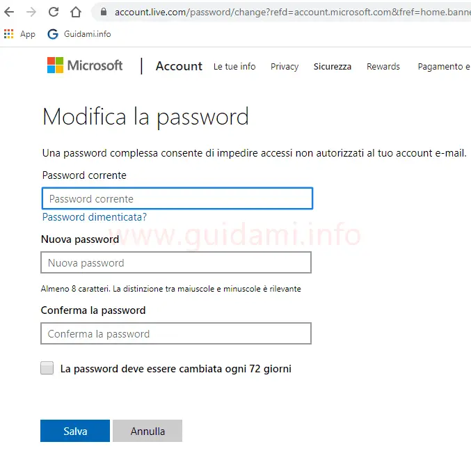 Sito Microsoft gestione account utente Windows 10 Modifica la password
