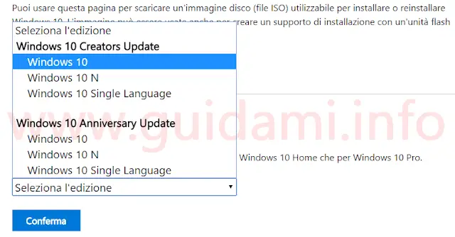 Sito Microsoft per download immagine ISO Windows 10 Creators Update