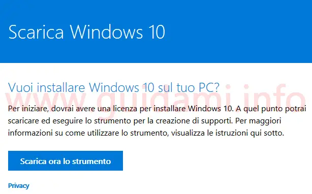 Sito Microsoft pulsante Scarica lo strumento per installare Windows 10