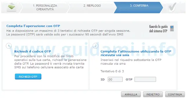 Sito Poste richiedere codice OTP per confermare modifiche limiti carta Postepay