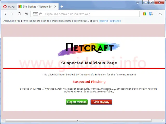 Sito internet di phishing bloccato da estensione Netcraft Extension