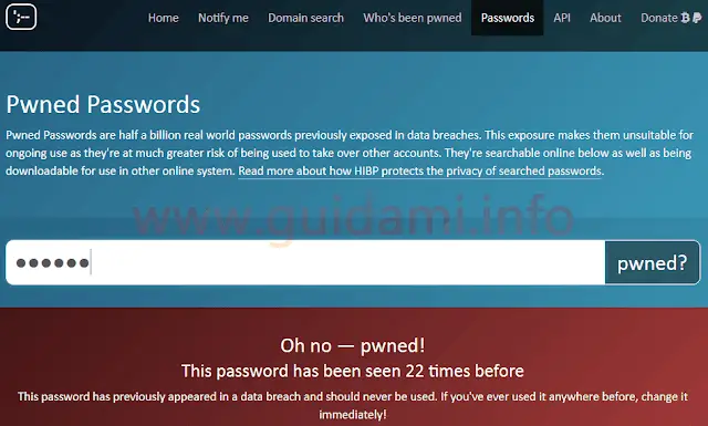 Sito web HaveIbeenPwned sezione verifica password violata