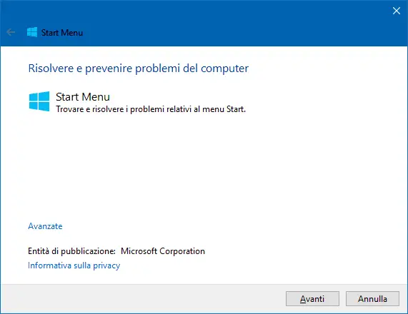 Strumento Microsoft per riparare problemi menu Start Windows 10