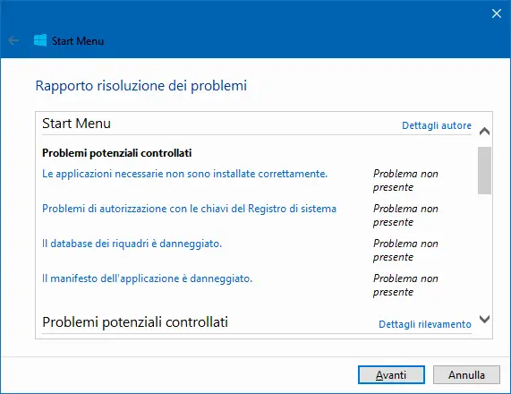 Strumento Microsoft problemi da riparare menu Start Windows 10
