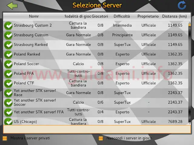SuperTuxKart schermata Selezione Server