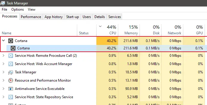 Task Manager Windows 10 scheda Processi con elevato utilizzo CPU di Cortana