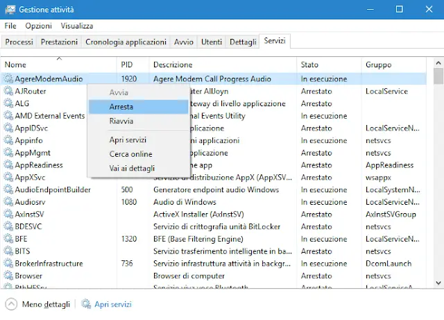 Task Manager Windows 10 - 8 scheda Servizi