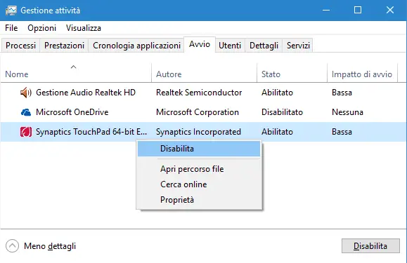 Task Manager Windows 10 disattivare programma avvio