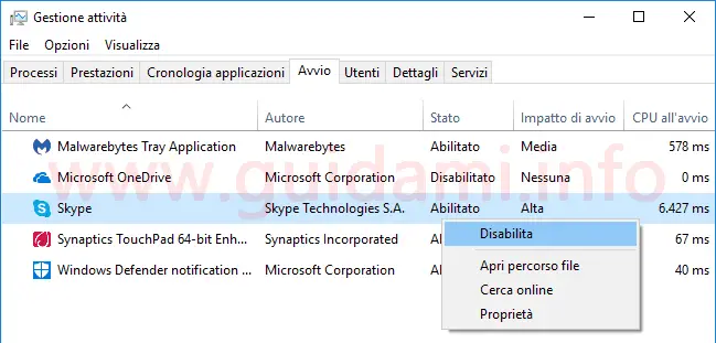 Task Manager Windows 10 disattivare programma in avvio